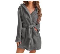 Women's Warm Short Fluffy Bathrobe Without Hood - Winter Sauna Gown With Belt - Microfibre Soft Pyjamas Robe, Gray, Small