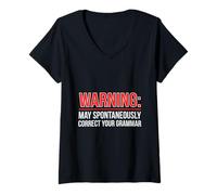 Women's Warning Correct Grammar Funny Teacher Appreciation Humor V-Neck T-Shirt