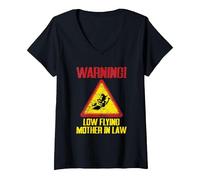 Women's Warning Low Flying Mother in Law Funny Witch Halloween Lover V-Neck T-Shirt, Black, Small