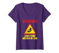 Women's Warning Low Flying Mother in Law Funny Witch Halloween Lover V-Neck T-Shirt, Purple, Large