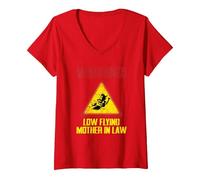 Women's Warning Low Flying Mother in Law Funny Witch Halloween Lover V-Neck T-Shirt, Red, X-Large