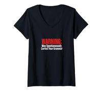 Women's Warning May Spontaneously Correct Your Grammar Funny Teacher V-Neck T-Shirt