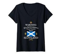 Womens WARNING MAY SPONTANEOUSLY TALK SCOTTISH, SCOTLAND FLAG CROWN V-Neck T-Shirt