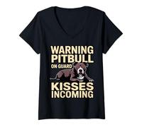 Womens Warning Pitbull On Guard Kisses Incoming Funny V-Neck T-Shirt