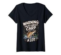 Women's Warning Talks About Carp A Lot Fishing Angler V-Neck T-Shirt