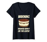 Women's Warning - Tiramisu Addict on The Loose V-Neck T-Shirt, Black, Large