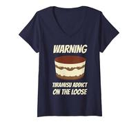 Women's Warning - Tiramisu Addict on The Loose V-Neck T-Shirt, Navy Blue, X-Large
