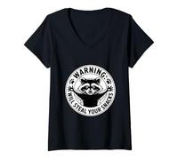 Women's Warning Will Steal Your Snacks Raccoon Humor V-Neck T-Shirt