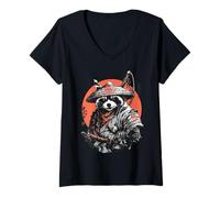 Women's Warrior Raccoon with Japanese Katana Red Sun Art V-Neck T-Shirt