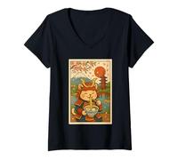 Womens Warrior Samurai Cat Ramen Under Sakura Blossoms and Fuji V-Neck T-Shirt