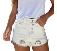 Women's Washed Distressed Denim Shorts with Buttons Ripped Frayed Edges Casual Jeans High Waisted Jean Pants Summer Ripped Hot Pants Turned Frayed Hem Short Jeans Vintage Ladies Bottoms White