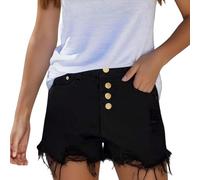 Women's Washed Distressed Denim Shorts with Buttons Ripped Frayed Edges Casual Jeans High Waisted Jean Pants Summer Ripped Hot Pants Turned Frayed Hem Short Jeans Vintage Ladies Bottoms