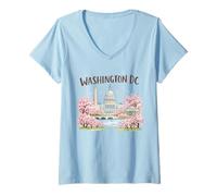 Women's Washington DC Cherry Blossoms Landmark Art Souvenir Travel V-Neck T-Shirt
