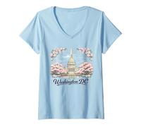 Women's Washington DC Cherry Blossoms Landmark Art Souvenir Travel V-Neck T-Shirt