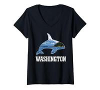Women's Washington Orca Whale Pacific Northwest Mountain Ocean V-Neck T-Shirt