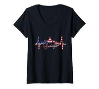 Women's Washington Skyline Heartbeat USA Heart Love Washington V-Neck T-Shirt