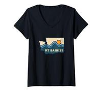 Womens Washington State Map Retro Line Mount Rainier National Park V-Neck T-Shirt
