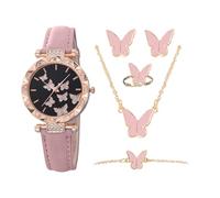 Women's Watch - Butterfly Jewel Watch Set, 5 Piece Design, Includes Necklace With Matching Rings, Sophisticated Accessory | Holiday Birthday Wedding Party Scene, Pink, riferimento alla