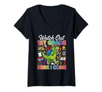 Women's Watch Out 1st Grade Here I Come Dino First Day of School Boy V-Neck T-Shirt