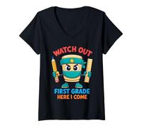 Womens Watch Out First Grade Here I Come Back To School Ninja Kids V-Neck T-Shirt