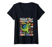 Women's Watch Out Kindergarten Here I Come Dino First Day of School V-Neck T-Shirt