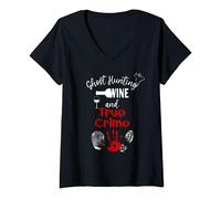 Womens Watching Crime Shows Ghost Hunting Wine And True Crime V-Neck T-Shirt