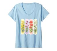 Women's Watercolor Botanical Garden Flowers Design V-Neck T-Shirt