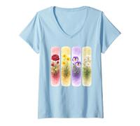 Women's Watercolor Botanical Spring Summer Flowers Art V-Neck T-Shirt