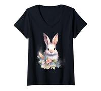 Women's Watercolor Bunny Rabbit Spring Floral Pastel Design V-Neck T-Shirt