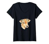 Women's Watercolor Cow Head with Daisy Flower Wreath V-Neck T-Shirt