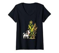 Women's Watercolor Cute Cow with Corn Stalk and Wheat V-Neck T-Shirt