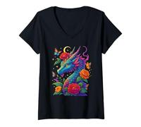 Womens Watercolor Dragon Flowers Beautiful Art Colorful Graphic V-Neck T-Shirt