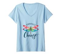 Women's Watercolor Dragonfly Embrace Change Inspirational Art V-Neck T-Shirt
