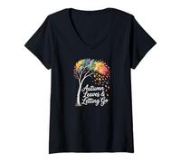 Womens Watercolor Fall Tree with Letting Go Quote Autumn Poem V-Neck T-Shirt