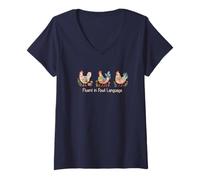 Womens Watercolor Folk-art Hen,Chicken Lady,Fluent in Fowl Language V-Neck T-Shirt