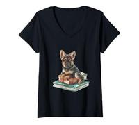 Women's Watercolor German Shepherd Puppy on Books Dog Lover V-Neck T-Shirt