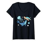 Women's Watercolor Illustration Underwater World V-Neck T-Shirt