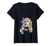 Women's Watercolor Ocean Reptile with Tropical Flowers Design V-Neck T-Shirt
