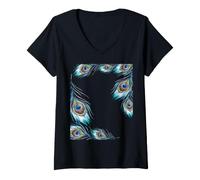 Women's Watercolor Peacock Feather Border Elegant Boho Floral Frame V-Neck T-Shirt