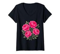 Womens Watercolor Pink Magenta Peony Floral Bouquet Shapes Mania V-Neck T-Shirt