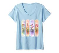 Women's Watercolor Rainbow Rose Tulip Pansy Dahlia Blooms V-Neck T-Shirt