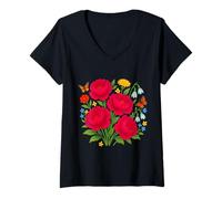 Womens Watercolor Red Peony Floral Bouquet Butterflies Shapes Mania V-Neck T-Shirt