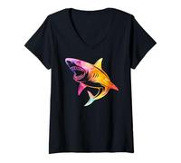Womens Watercolor Shark Lover Sea Ocean Fish Colorful Sharks V-Neck T-Shirt