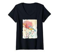 Womens Watercolor Songbird - Whimsical Nature Graphic V-Neck T-Shirt