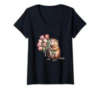 Women's Watercolor Spring Beaver Tulips Cute Flowers Fun Kids V-Neck T-Shirt