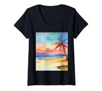 Women's Watercolor Sunset on Tropical Beach with Lone Palm Tree V-Neck T-Shirt