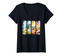 Women's Watercolor Western Nature Road Trip Landscape V-Neck T-Shirt