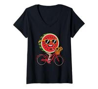 Womens Watermelon Biker Summer Vibes Cute Fruit Ride Fun Sunflower V-Neck T-Shirt
