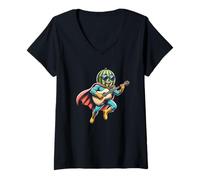 Womens Watermelon Hero Playing Guitar Cool Summer Music V-Neck T-Shirt