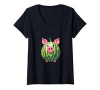 Women's Watermelon Pig Creative Animal Design V-Neck T-Shirt